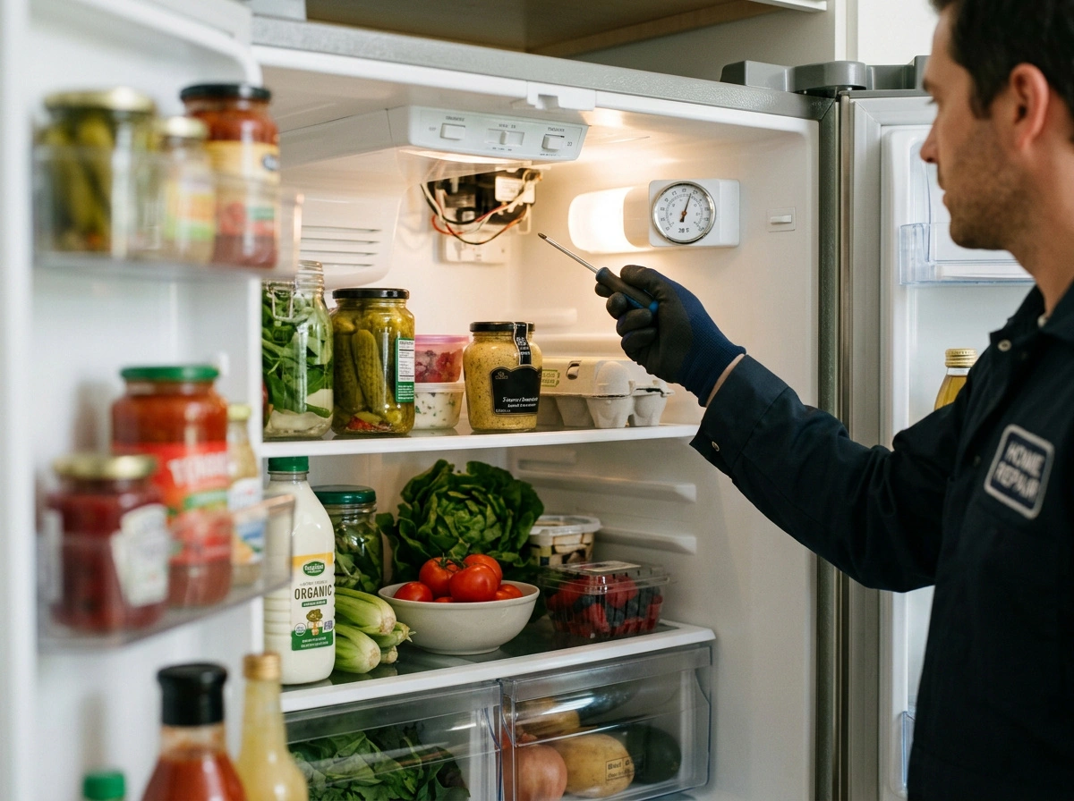 Technician inspecting refrigerator interior